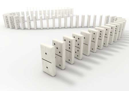 Long curve path of domino pieces on white backgroundの写真素材