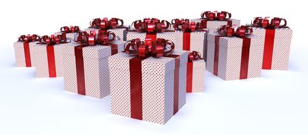 Lot of presents  with dot pattern and a shiny red ribbonの写真素材