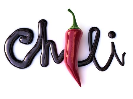 colorful chilis with chocolate text isolated on white backgroundの写真素材
