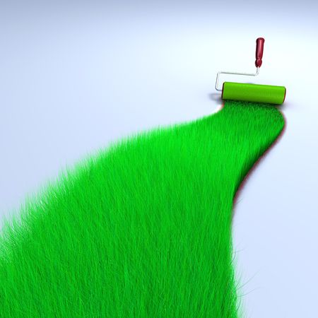3d image of a brush painting a wall with green grassの写真素材