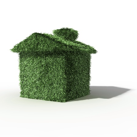 3d green grass house isolated on white backgroundの写真素材