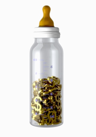 3d computer generated image of a baby bottle with golden dollar signs inside isolated on white backgroundの写真素材