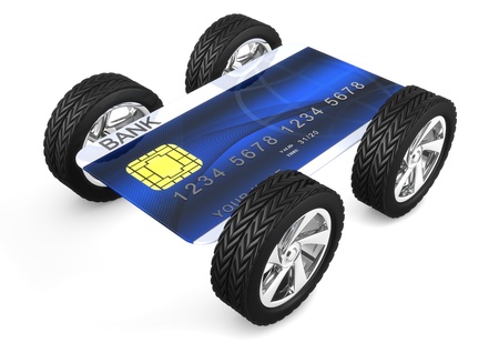 3d computer image of a credit card with weels isolated on white backgroundの写真素材
