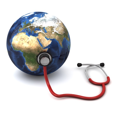 3d computer generated red stethoscope around a globe  heart  isolated on white background の写真素材