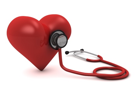 3d computer generated red stethoscope around a red  heart  isolated on white background の写真素材