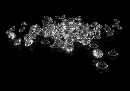 3d rendering of a lot of sparkling diamonds isolated on blackの写真素材