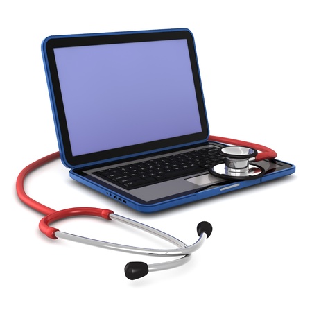3d computer generated of a laptop with a  stethoscope on it  isolated on white background の写真素材