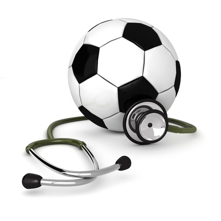 3d computer genrated image of a stethosocpe around a soccer ball isolated on white backgroundの写真素材