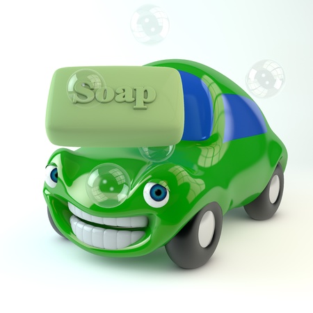 3d image of an orange happy car washing with sopaの写真素材