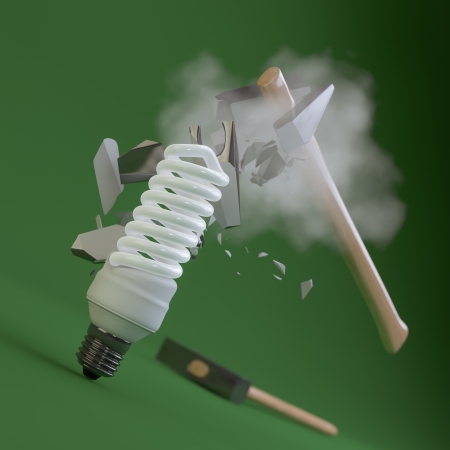 render of an hammer crashing on a indestructible fluorescent light bulbの写真素材