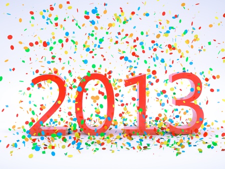 render pf a 2013 red christams text with a lot of colorful confettiの写真素材
