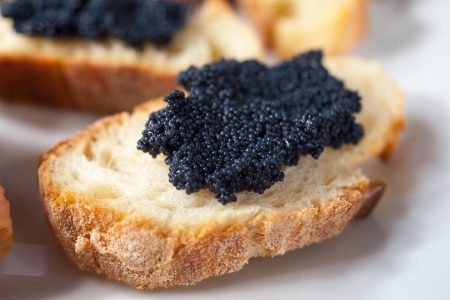 Appetizer of crostini with salmon and caviarの写真素材