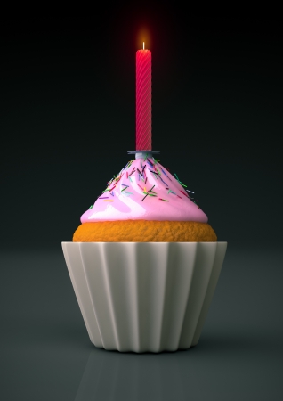 rendering of a cake with pink cream and a red candle の写真素材