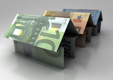 Three houses of euro on white backgroundの写真素材