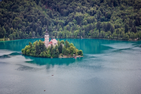 View of Bled Island from Bled Castle, Lake Bled, Slovenia の写真素材