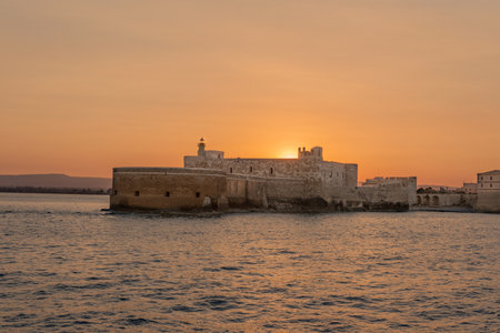 Sunset on the Fortress Maniace in Syracuse Sicilyのeditorial素材