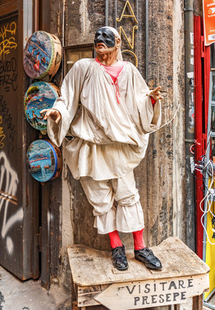 Naples, Italy - june 29 2021: Pulcinella traditional Neapolitan theater mask in San Gregorio Armeno street, historic center of Naples city and the famous street of the cribsのeditorial素材