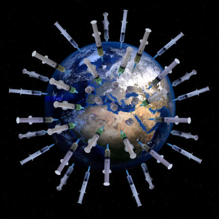 The globe pierced by syringes covid-19 vaccine conceptの写真素材