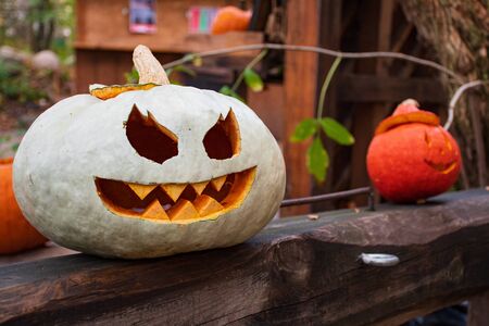 Spooky white and orange Halloween pumpkins, Jack O Lantern on a wooden tableの写真素材
