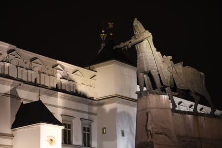 Gediminas statue at Cathedral square in Vilnius with palace of the Grand Dukes of Lithuania on background, nightのeditorial素材