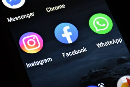 Facebook, Instagram and Whatsapp icons on monitor screen. Social network website. Icon. Social media...