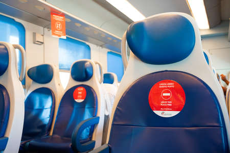 Guidance or signage and social distancing rules to follow for COVID-19 or Coronavirus on public transport during the outbreakのeditorial素材