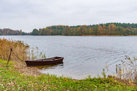 Beautiful autumnal forest and reeds, calm waters of a lake, with wooden boat