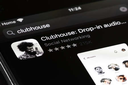 Vilnius, Lithuania - February 3 2021: Clubhouse app is a new type of social network based on voice, where people around the world come together to talk, listen and learn from each other in real-timeのeditorial素材