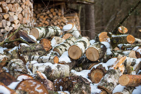 Stack or pile composed of blocks, pieces or logs of wood in winter or spring with snow. Stacking wood for drying and storageの写真素材