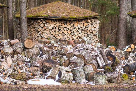 Circular or cylindrical structure or stack composed of blocks, pieces or logs of wood and roof in winter or spring with snow. The art of stacking wood for drying and storage in northern Europeの写真素材