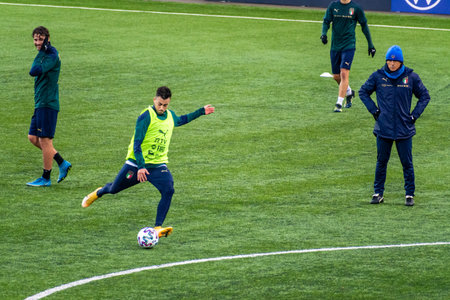 Vilnius, Lithuania - March 30 2021: CT coach Roberto Mancini during the training before Lithuania - Italy before Cup qualifying match with Stephan El Shaarawyのeditorial素材