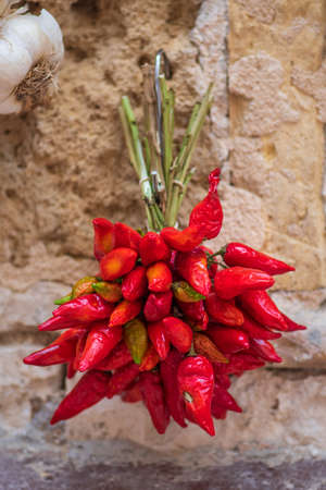 Bunch of hot chili peppers hanging on a stone wall in a street food market, vertical