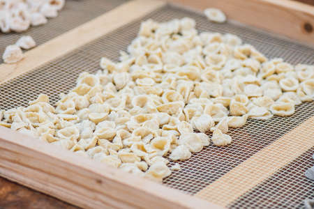 Fresh orecchiette or orecchietta, made with durum wheat and water, handmade pasta typical of Puglia or Apulia, a region of Southern Italy, close upの写真素材