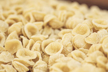 Fresh orecchiette or orecchietta, made with durum wheat and water, handmade pasta typical of Puglia or Apulia, a region of Southern Italy, close upの写真素材