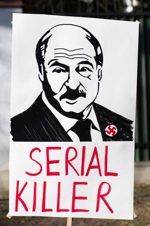 Vilnius, Lithuania - March 2 2022: Lukashenko portrait during a peaceful demonstration against war,...