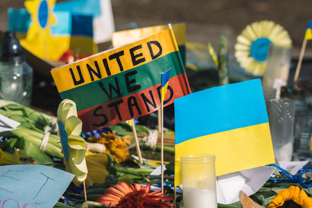 Objects during a peaceful demonstration against war, Putin and Russia in support of Ukraine, with...