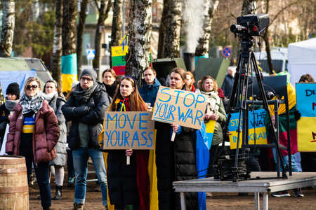 Vilnius, Lithuania - March 2, 2022: Peaceful demonstration against war, Putin and Russia in support...
