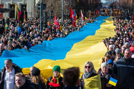 Vilnius Lithuania - March 11 2022: Huge Ukrainian flag in Vilnius, carried by people with Lithuanian and Ukrainian flags and Belarus flag used by pro democracy protestersのeditorial素材