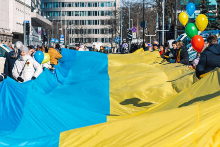 Vilnius Lithuania - March 11 2022: Huge Ukrainian flag in Vilnius, carried by people with Lithuanian and Ukrainian flags and Belarus flag used by pro democracy protestersのeditorial素材
