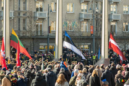Vilnius Lithuania - March 11 2022: Latvian, Lithuanian and Estonian flags together, Latvia, Lithuania, Estonia, Baltic countries, united, independent, members of European Unionのeditorial素材