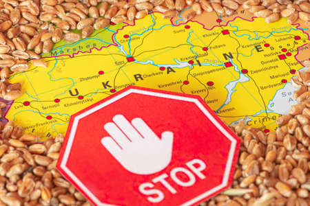 Kyiv, Ukraine - May 16 2022: Wheat grains on the map of Ukraine with a stop signal, Ukrainian grain crisis, global hunger crisis concept due to warのeditorial素材