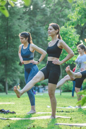 Vilnius, Lithuania - June 22 2022: Beautiful girls making outdoor or outside activity, yoga or gym on the grass in a public park in summerのeditorial素材