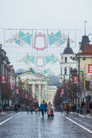 Vilnius, Lithuania - February 25 2023: Gedimino avenue in the center of Vilnius, Lithuania, closed to traffic on the occasion of the celebrations of the 700th anniversary of the foundation of the cityのeditorial素材