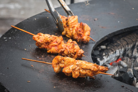 Preparing chicken meat skewers, grilled or roasted in a barbecue on an open fire with flames, shashlik or shashlyk for an outdoor picnic, close upの写真素材