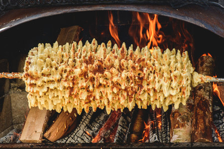 Preparing Lithuanian tree cake, Å¡akotis or baumkuchenas, Polish sÄkacz, Belarusian bankucha, German baumkuchen made of butter, egg whites and yolks, flour, sugar, and cream, cookedの写真素材