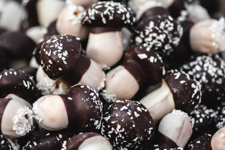 Lithuanian mushroom cookies, one of the most popular desserts in Lithuania, covered with a special sugar glaze, and the top achieves a dark, rich brown color due to the use of cacaの写真素材