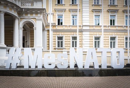 Vilnius, Lithuania - June 22 2023: Main entrance of the Ministry of National Defense of Lithuania in Vilnius old town, where will take place on 11â12 July 2023 the NATO summitのeditorial素材
