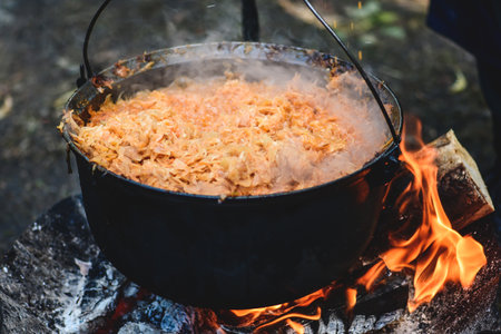 Cabbage soup or stew cooking in a big pot on the open fire with flames, close upの写真素材
