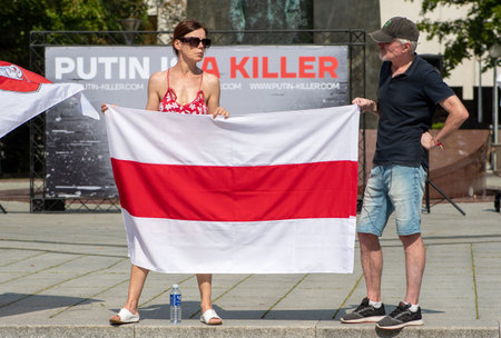 Vilnius, Lithuania - August 20 2023: Peaceful protest supporting Belarus against ongoing repressions and call for free with red and white flag of the Belarusian Democratic Republicのeditorial素材