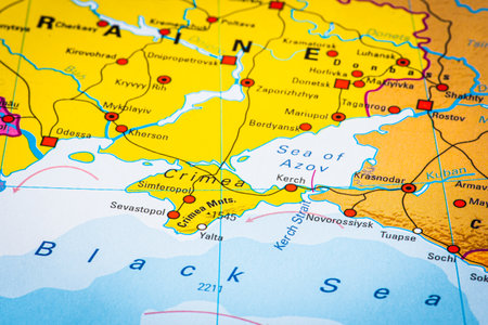 Crimea, Ukraine - August 23 2023: Map of Black Sea and Sea of Azov, with Crimea peninsula, Kerch strait with bridge connecting occupied Crimea to Russiaのeditorial素材